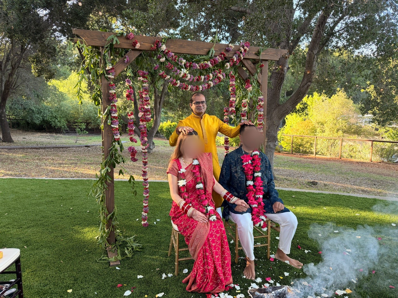 Vedic Wedding Garland Exchange (Varmala) — The joyful exchange of fresh floral garlands symbolizing mutual acceptance and eternal respect.