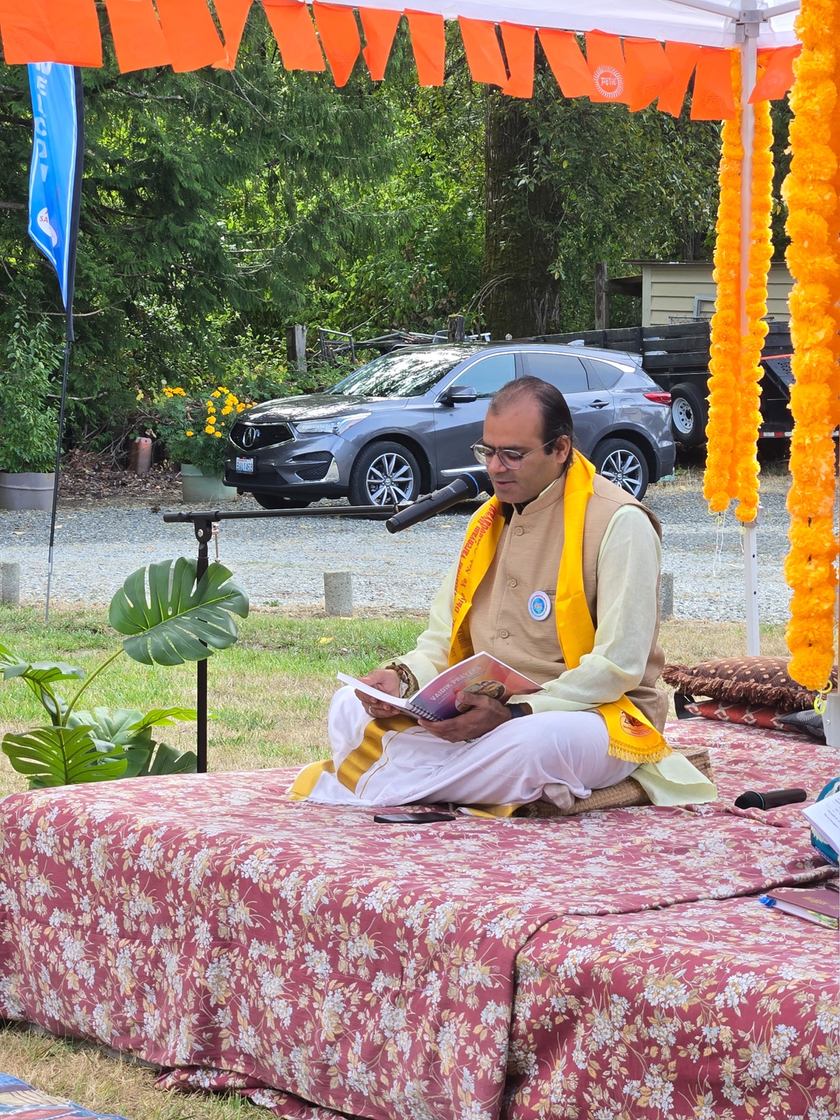 Wedding Anniversary Renewal Yajna — Husband and wife renewing their marital vows before the sacred fire on their wedding anniversary.